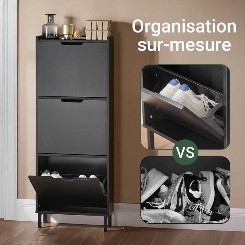 SoBuy FSR151-H-SCH Armoire à Chaussures Ultra-Slim 19 cm | 3 Abattants, 6–8 Paires, Noir