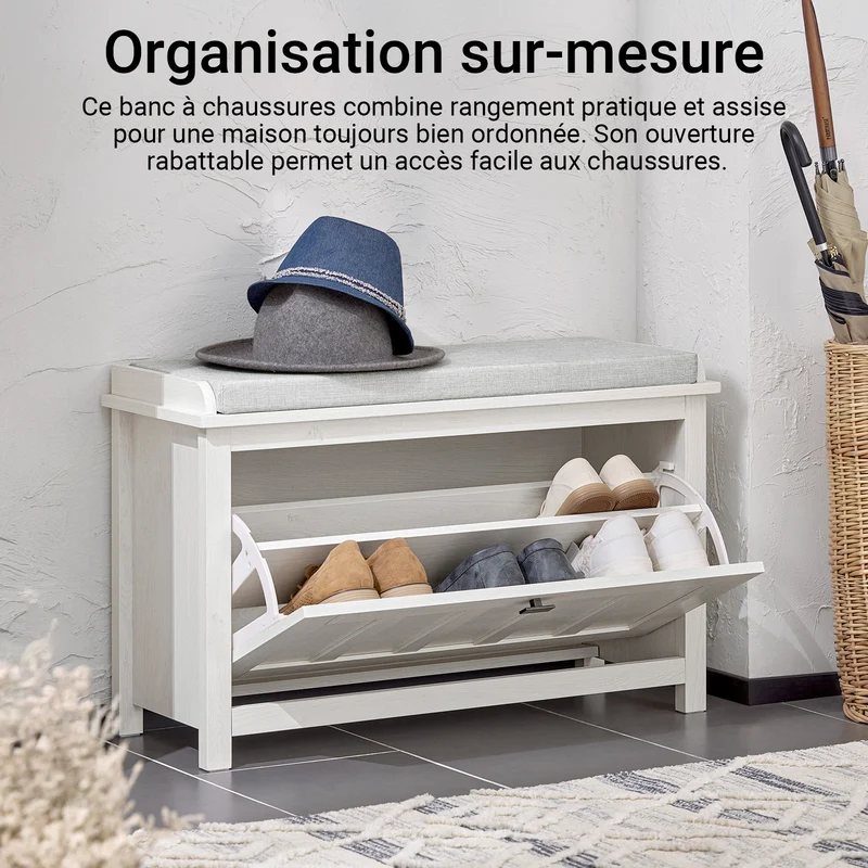 SoBuy FSR161-W Banc à Chaussures avec Coussin Rembourré et 1 Abattant pour Entrée Couloir – 80x30x50 cm, Blanc