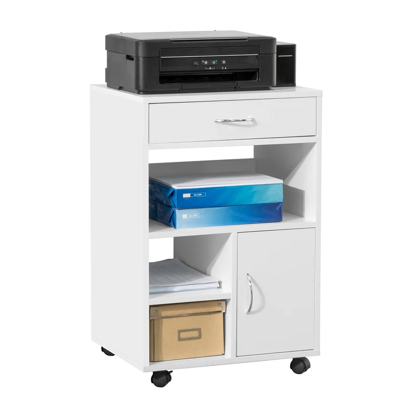 SoBuy FBT106-W Support Imprimante Roulant Bureau Mobile Caisson Meuble de Rangement Bureau avec tiroir et porte Blanc