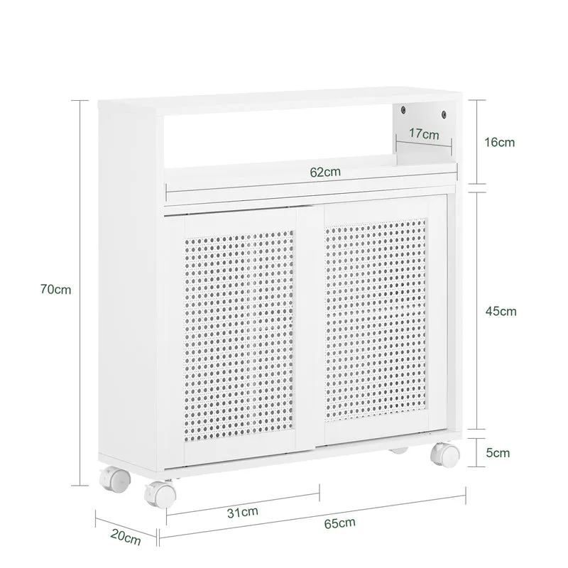 SoBuy BZR119-W Meuble WC à Roulettes avec 2 Portes Coulissantes en Rotin – L65×P20×H70 cm, Charge 35 kg, MDF E1, Blanc