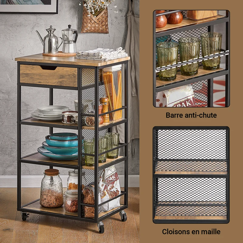 SoBuy FKW99-N Desserte de Cuisine Roulante Chariot de Service Meuble de Rangement à roulettes Multifonctionnel avec 1Tiroir, 3 Etagères et Etagères latérales, 50x37x87 cm