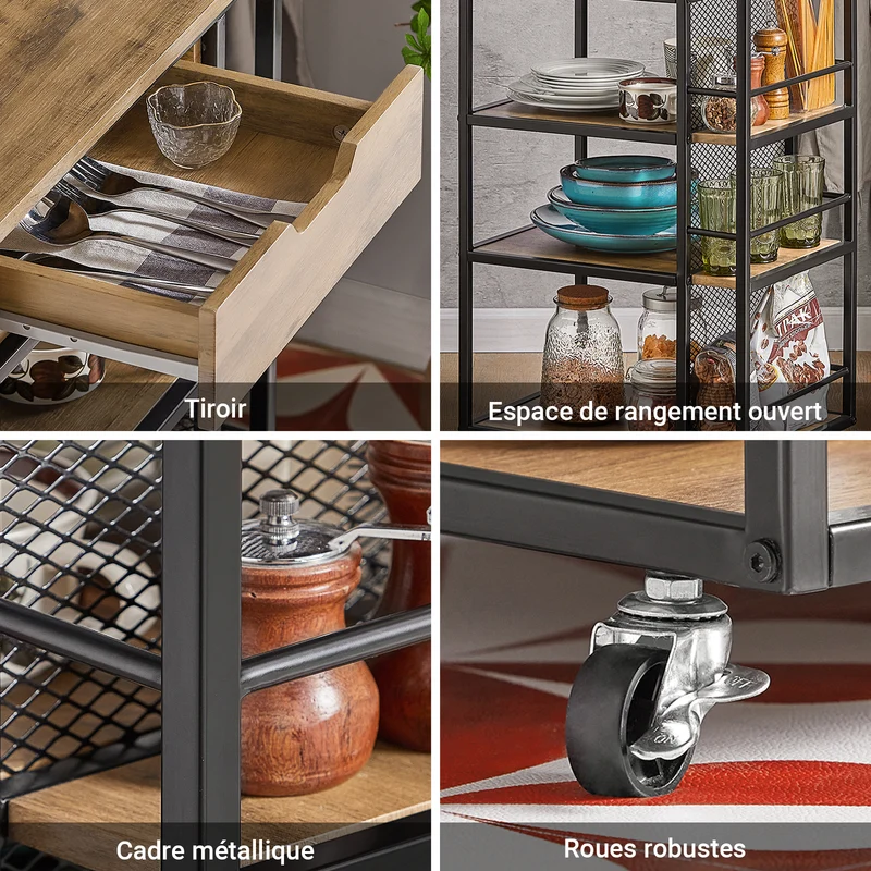 SoBuy FKW99-N Desserte de Cuisine Roulante Chariot de Service Meuble de Rangement à roulettes Multifonctionnel avec 1Tiroir, 3 Etagères et Etagères latérales, 50x37x87 cm