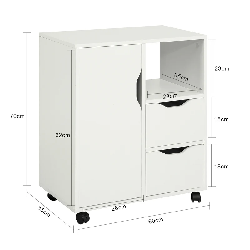 SoBuy FBT105-W Caisson d’Imprimante Mobile avec Roulettes, 2 Tiroirs et 1 Compartiment Ouvert, Rangement Optimisé, Design Fonctionnel – L60×P35×H70 cm, Blanc