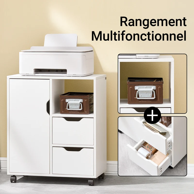 SoBuy FBT105-W Caisson d’Imprimante Mobile avec Roulettes, 2 Tiroirs et 1 Compartiment Ouvert, Rangement Optimisé, Design Fonctionnel – L60×P35×H70 cm, Blanc