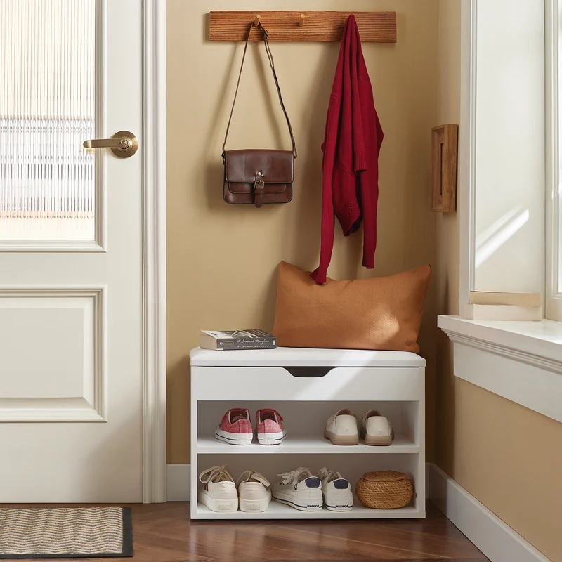 SoBuy FSR25-W Banc à Chaussures 2 Étages avec Coussin Rembourré pour Entrée Couloir – 60x30x44 cm, Blanc