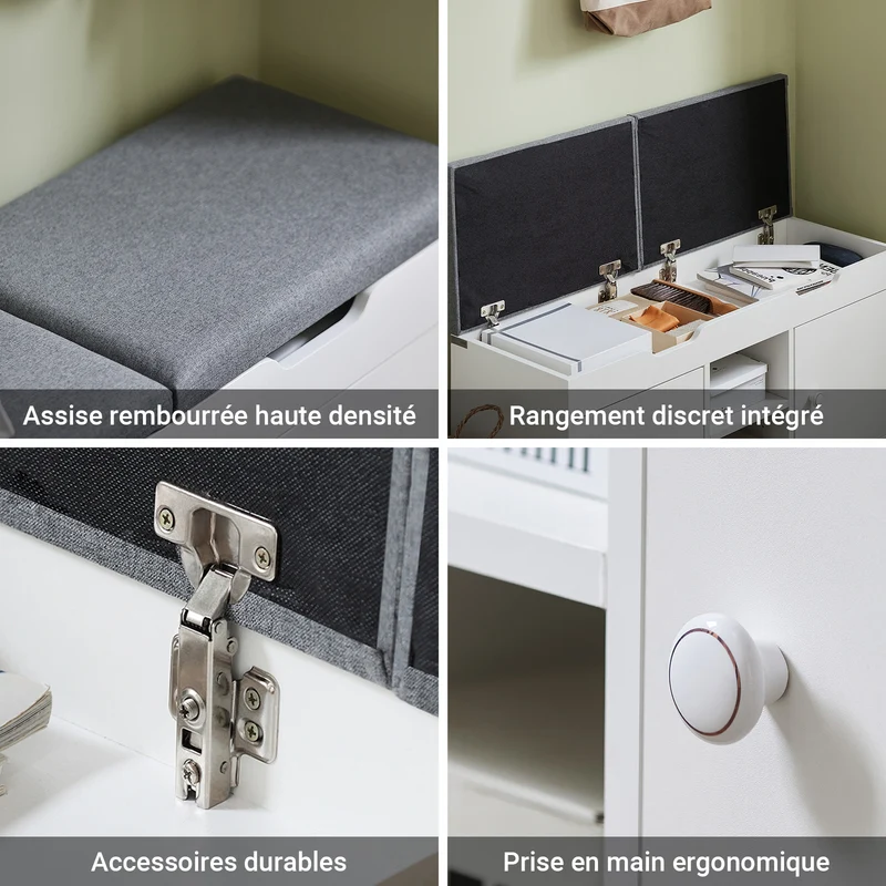 SoBuy FSR96-W Banc à Chaussures avec Coussin Rembourré, 2 Portes et 3 Étagères Réglables, Design Moderne, Compact – L100×P34×H47 cm, Charge 150 kg, Blanc