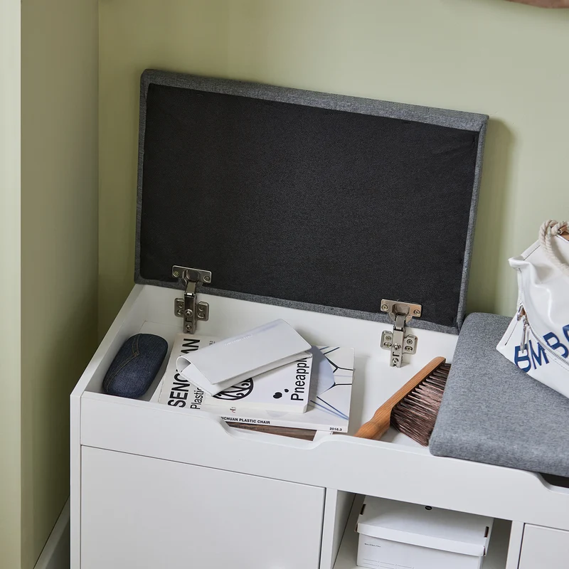 SoBuy FSR96-W Banc à Chaussures avec Coussin Rembourré, 2 Portes et 3 Étagères Réglables, Design Moderne, Compact – L100×P34×H47 cm, Charge 150 kg, Blanc