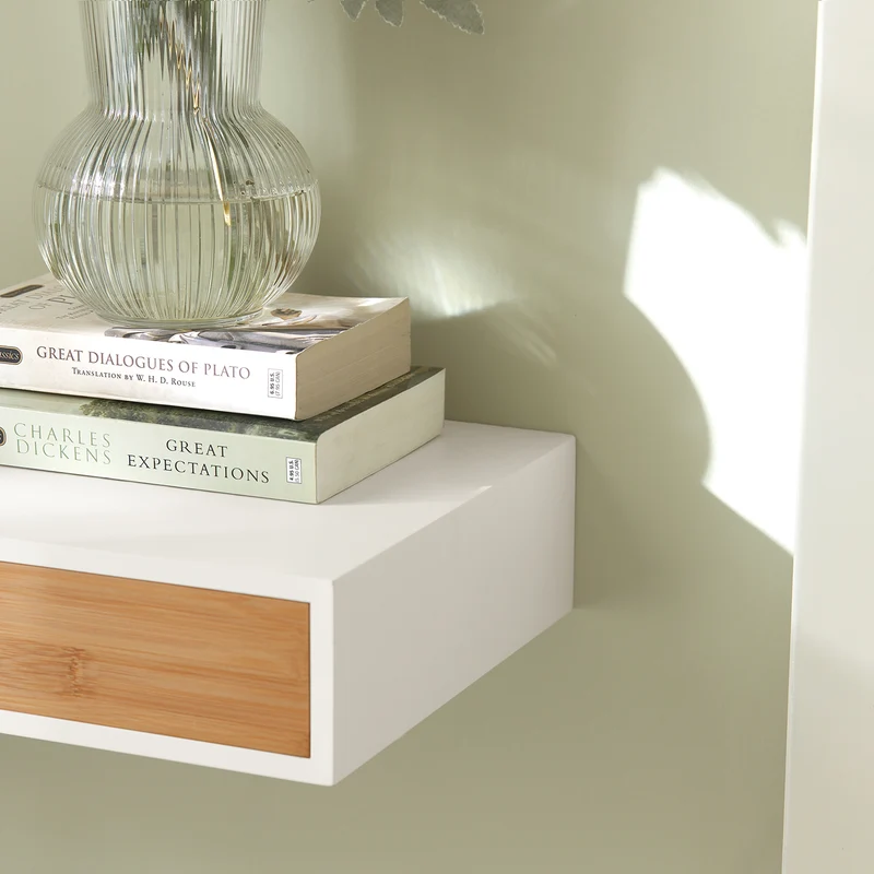 SoBuy FRG93-WN Étagère Murale avec Tiroir - Étagère Flottante Moderne pour Entrée, Salon, Cuisine & Chambre - Blanc & Nature 60x24x8cm