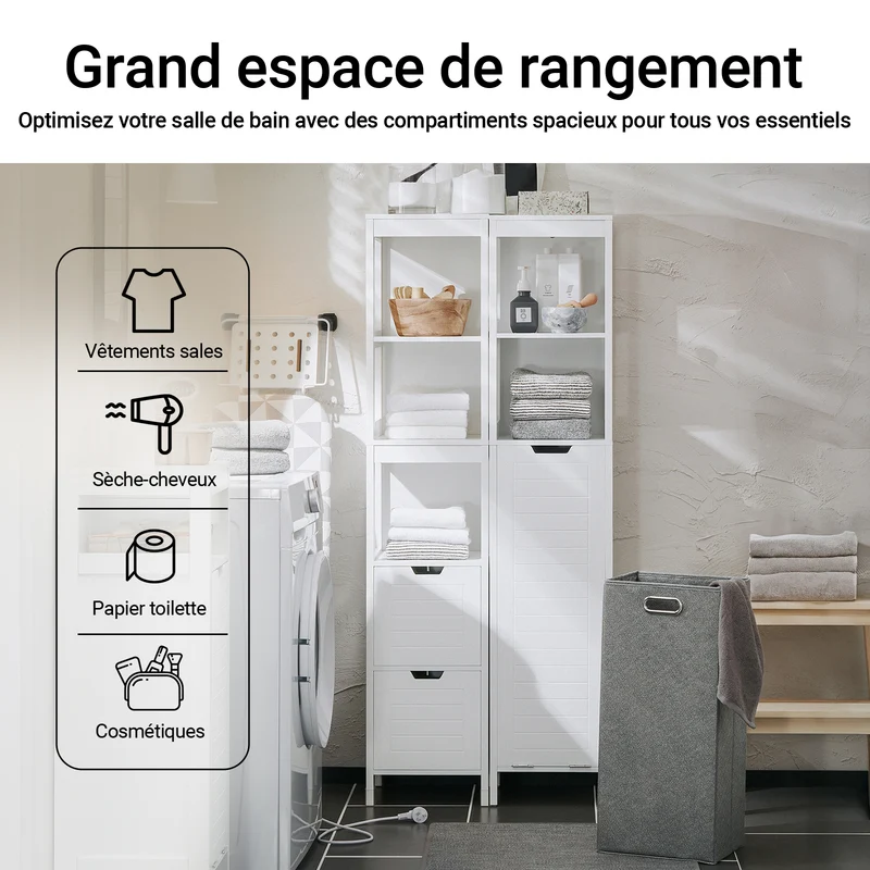 SoBuy BZR123-W Colonne Salle de Bain avec Panier à Linge Amovible et 2 Étagères Ouvertes – L30×P30×H145 cm, Charge 20 kg, MDF et Bambou, Blanc
