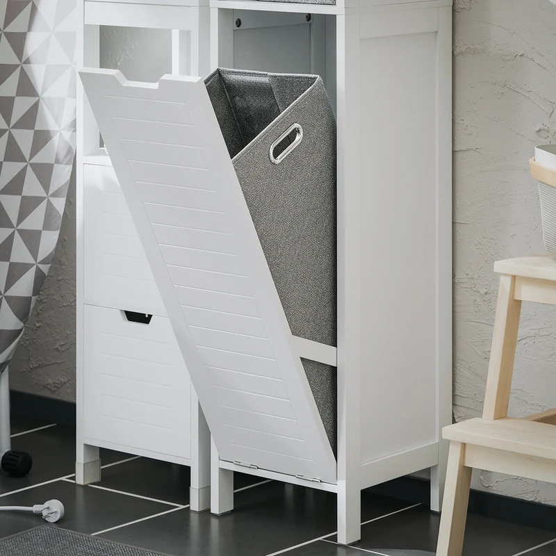 SoBuy BZR123-W Colonne Salle de Bain avec Panier à Linge Amovible et 2 Étagères Ouvertes – L30×P30×H145 cm, Charge 20 kg, MDF et Bambou, Blanc