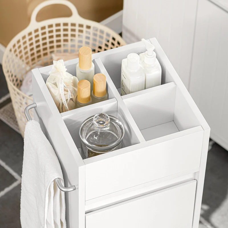 SoBuy BZR29-W Meuble Salle de Bain Petit Espace 30 cm – 3 Tiroirs et Porte-Serviettes Réversible, Blanc