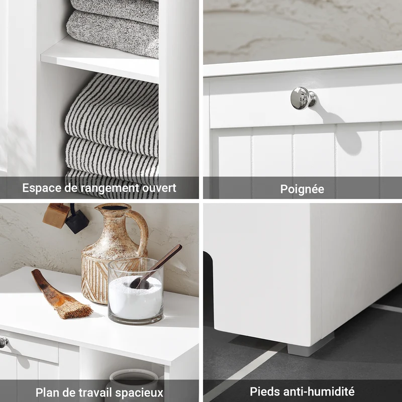 SoBuy BZR105-W Meuble Salle de Bain avec Panier à Linge et 3 Étagères – L60×P37×H86 cm, Charge 70 kg, MDF E1, Blanc