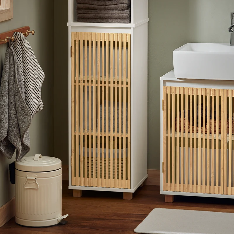 SoBuy BZR127-W Colonne Salle de Bain Rangement Fonctionnel et Compact, Gain de Place, pour Salle de Bain et WC – L33×P33×H165 cm, Bambou, Blanc et Naturel