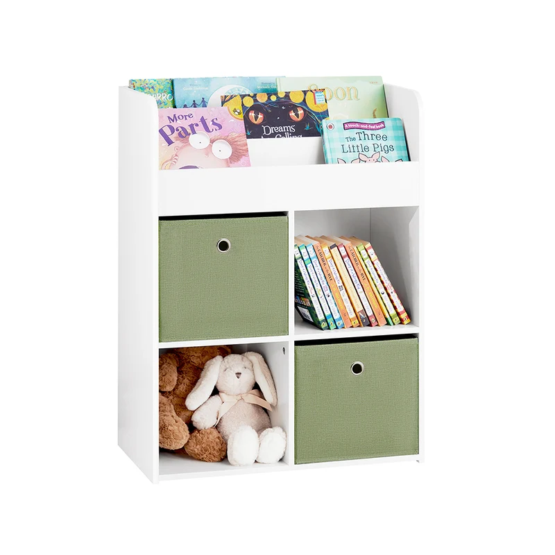 SoBuy KMB79-W Bibliothèque Enfant avec 3 Étagères, 4 Compartiments et 2 Coffres Amovibles – L60×P34×H80 cm, Charge 55 kg, MDF E1, Blanc