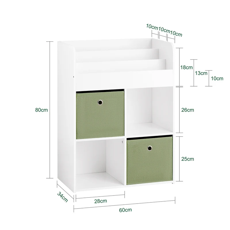 SoBuy KMB79-W Bibliothèque Enfant avec 3 Étagères, 4 Compartiments et 2 Coffres Amovibles – L60×P34×H80 cm, Charge 55 kg, MDF E1, Blanc