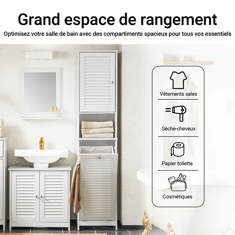 SoBuy BZR124-W Colonne de Salle de Bain avec Panier à Linge Amovible – 40 cm, Blanc