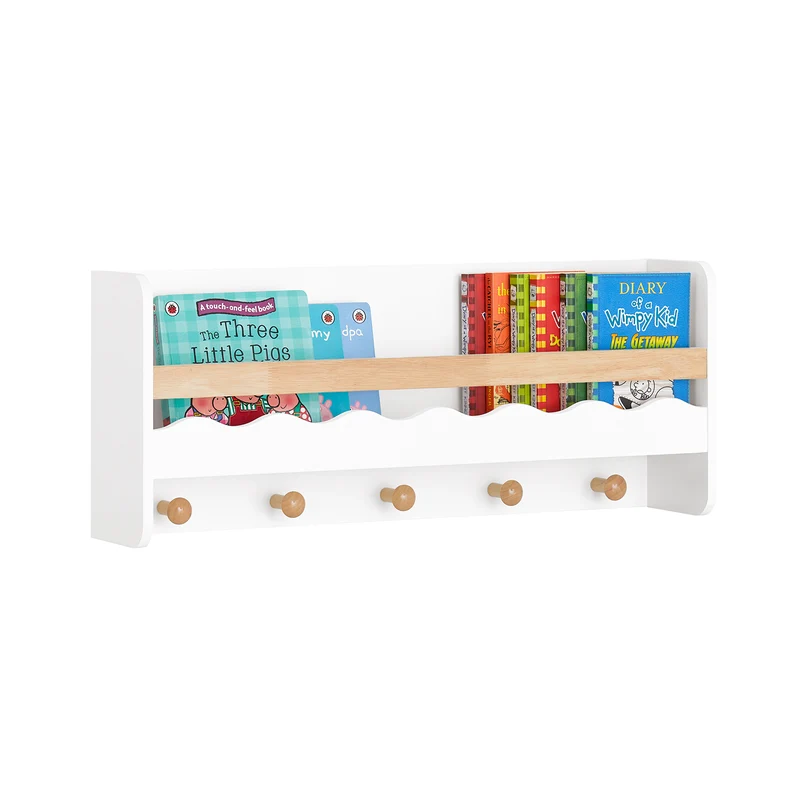 SoBuy KMB78-W Étagère Murale Étagère de Rangement Suspendue Porte-Manteau pour Enfants Étagère à Livres Bibliothèque Murale avec 5 Crochets