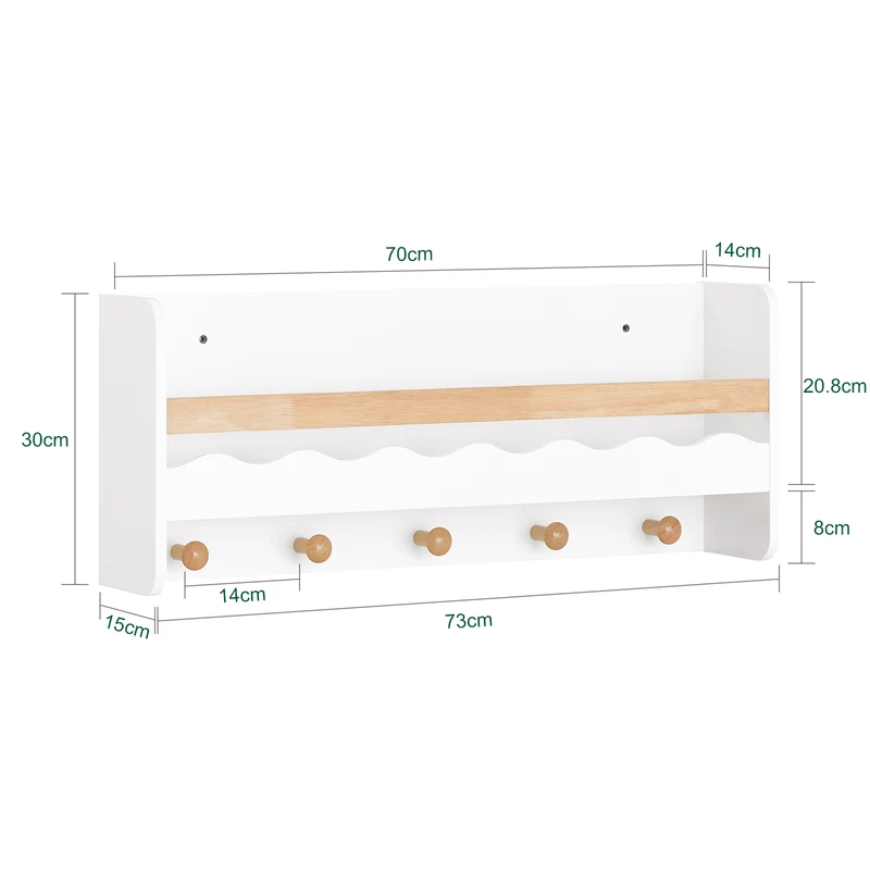 SoBuy KMB78-W Étagère Murale Étagère de Rangement Suspendue Porte-Manteau pour Enfants Étagère à Livres Bibliothèque Murale avec 5 Crochets