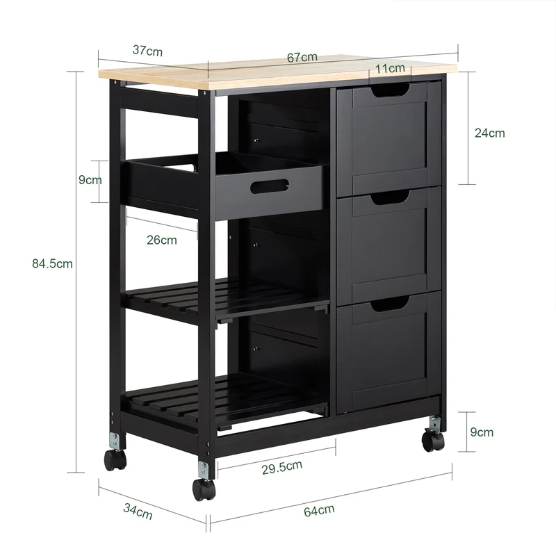 SoBuy FKW79-SCH Desserte de Cuisine sur Roulettes – 3 Tiroirs, Tablette Amovible, 2 Étagères, 68 × 38 × 85 cm, Noir