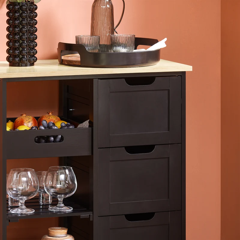SoBuy FKW79-SCH Desserte de Cuisine sur Roulettes – 3 Tiroirs, Tablette Amovible, 2 Étagères, 68 × 38 × 85 cm, Noir