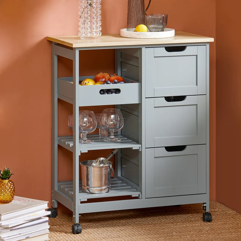 SoBuy FKW79-HG Meuble Cuisine Desserte de Cuisine à roulettes, Desserte Rangement avec 3 Tiroirs et 1 Tablette Amovible, Meuble de Rangement Cuisine, L68xP38xH85cm,Gris