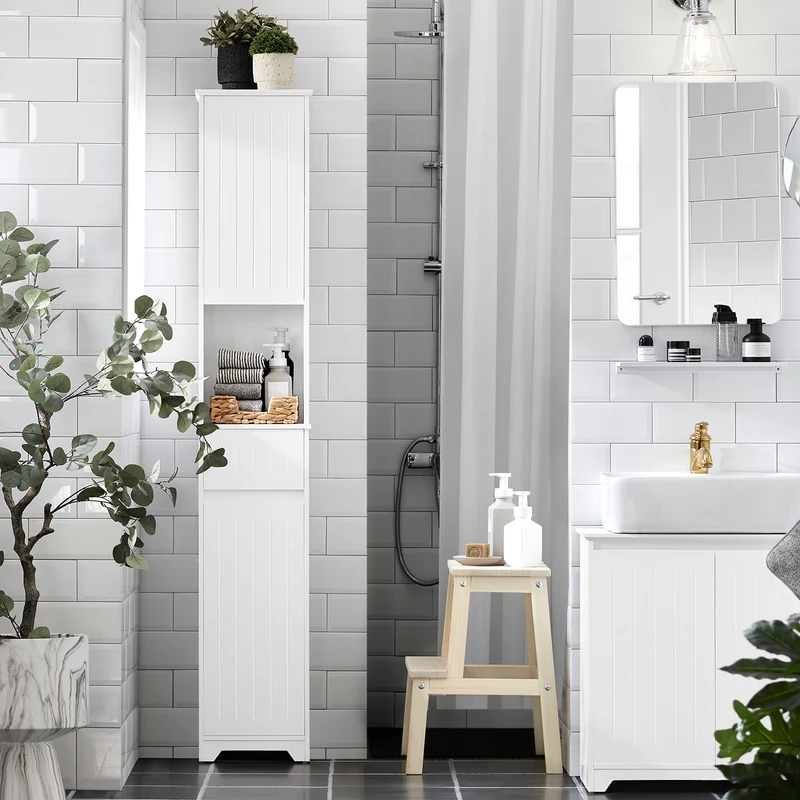 SoBuy BZR109-W Meuble Colonne Salle de Bain 170 cm Slim 30 cm 2 Portes Étagères Réglables Tiroir Anti-Basculement – Blanc