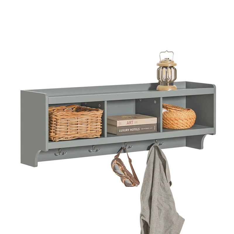SoBuy FHK28-HG Porte Manteau Mural, Étagère de Rangement, Meuble Entrée, Vestiaire avec 3 Compartiments et 4 Crochets Doubles, 100x25x35 cm, Gris