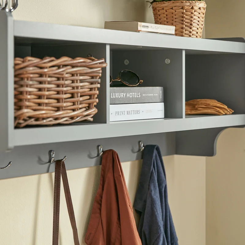 SoBuy FHK28-HG Porte Manteau Mural, Étagère de Rangement, Meuble Entrée, Vestiaire avec 3 Compartiments et 4 Crochets Doubles, 100x25x35 cm, Gris