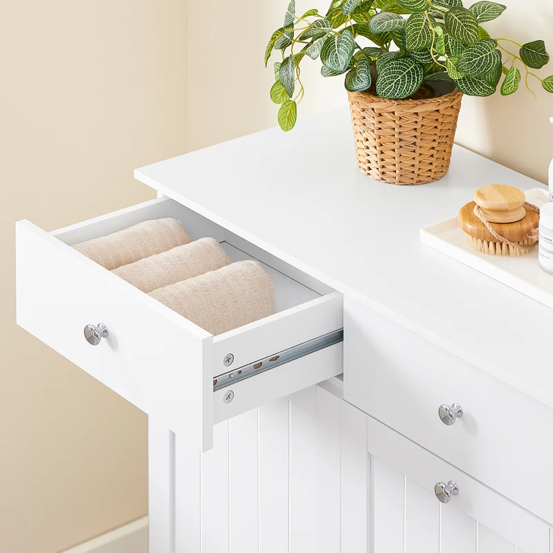 SoBuy BZR33-II-W Meuble Panier à Linge 2 Compartiments 45L – 2 Tiroirs, Gain de Place Salle de Bain, Blanc