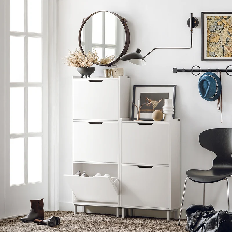SoBuy FSR151-H-W Meuble à chaussures étroit 19 cm avec 3 abattants – 6 à 8 paires, 50 x 19 x 129 cm, Blanc