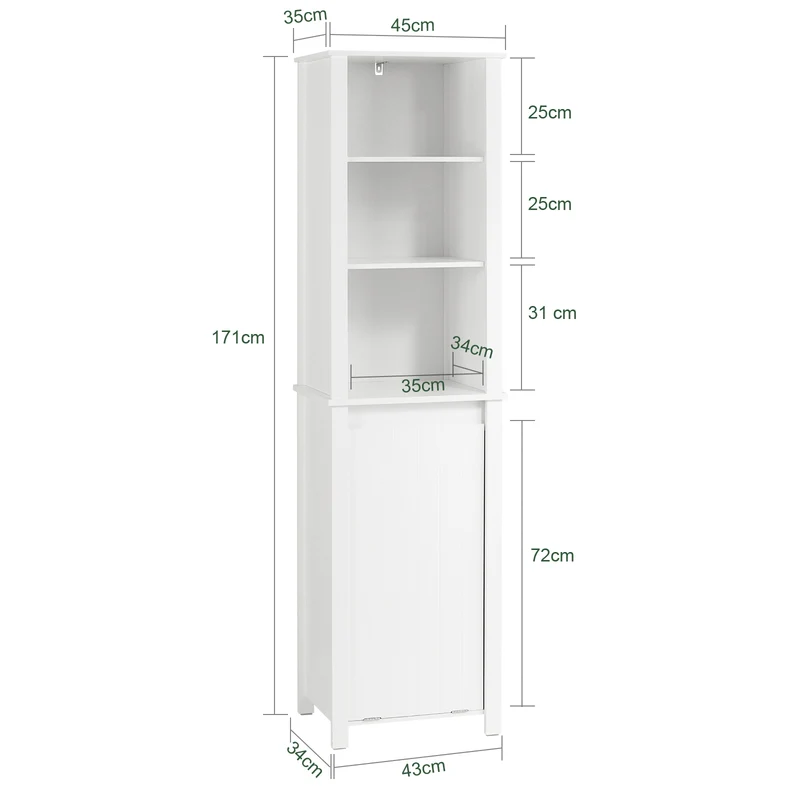 SoBuy BZR102-W Colonne Salle de Bain avec 3 Étagères et Sac à Linge Amovible – L45×P35×H171 cm, Charge 40 kg, Blanc