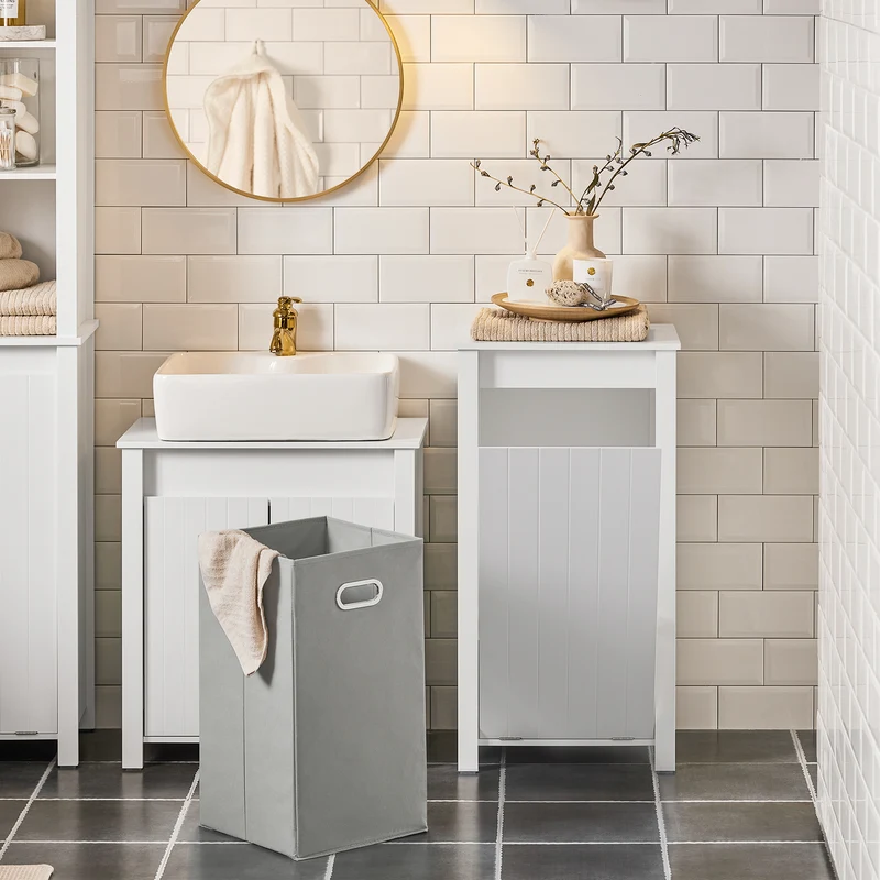 SoBuy BZR100-W Armoire à Linge avec Panier Rabattable et Sac Amovible à Poignées – L45×P35×H85,5 cm, Charge 15 kg, MDF E1, Blanc