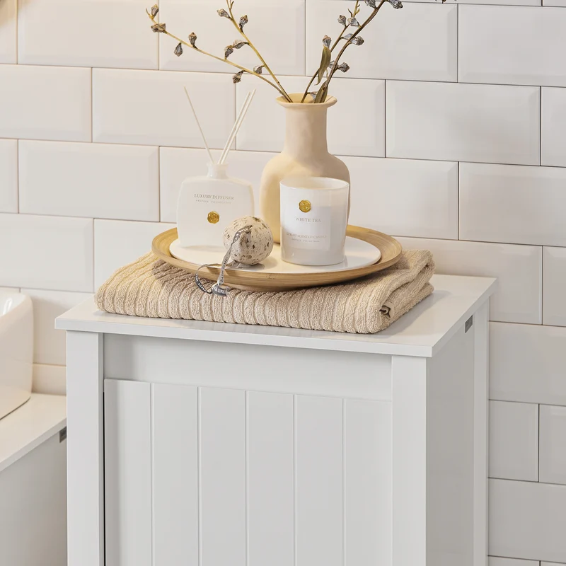 SoBuy BZR100-W Armoire à Linge avec Panier Rabattable et Sac Amovible à Poignées – L45×P35×H85,5 cm, Charge 15 kg, MDF E1, Blanc