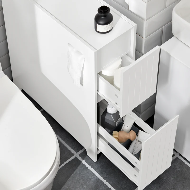 SoBuy BZR111-W Meuble WC Étroit 20 cm sur Roulettes – Rangement Papier Toilette, 2 Tiroirs, Blanc