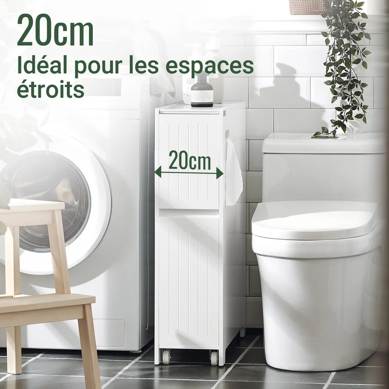 SoBuy BZR111-W Meuble WC Étroit 20 cm sur Roulettes – Rangement Papier Toilette, 2 Tiroirs, Blanc