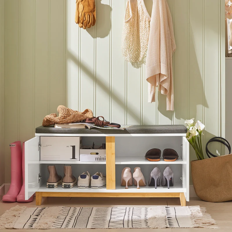 SoBuy FSR117-W Banc à Chaussures avec Coussin Rembourré et 2 Portes, Meuble d'Entrée – 90x34x46 cm, Blanc