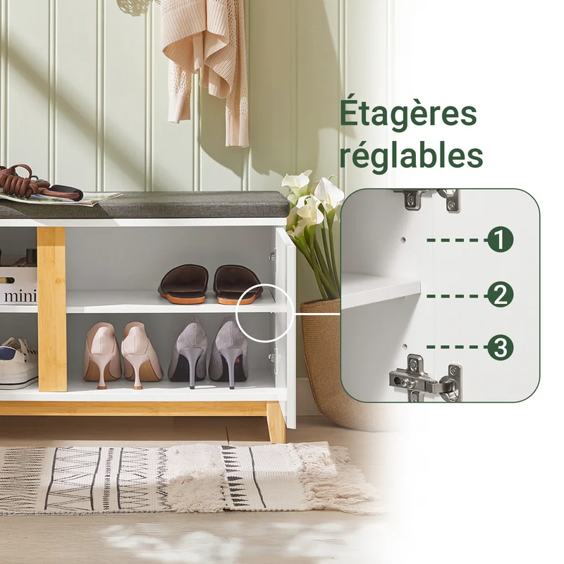 SoBuy FSR117-W Banc à Chaussures avec Coussin Rembourré et 2 Portes, Meuble d'Entrée – 90x34x46 cm, Blanc