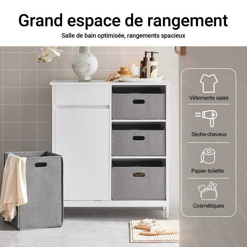 SoBuy BZR77-W Meuble de Salle de Bain avec Paniers à Linge, Armoire à Linge avec 3 Paniers et Tiroir, Armoire de Salle de Bain en Bois, Corbeille à Linge, Blanc, 80x91x38cm