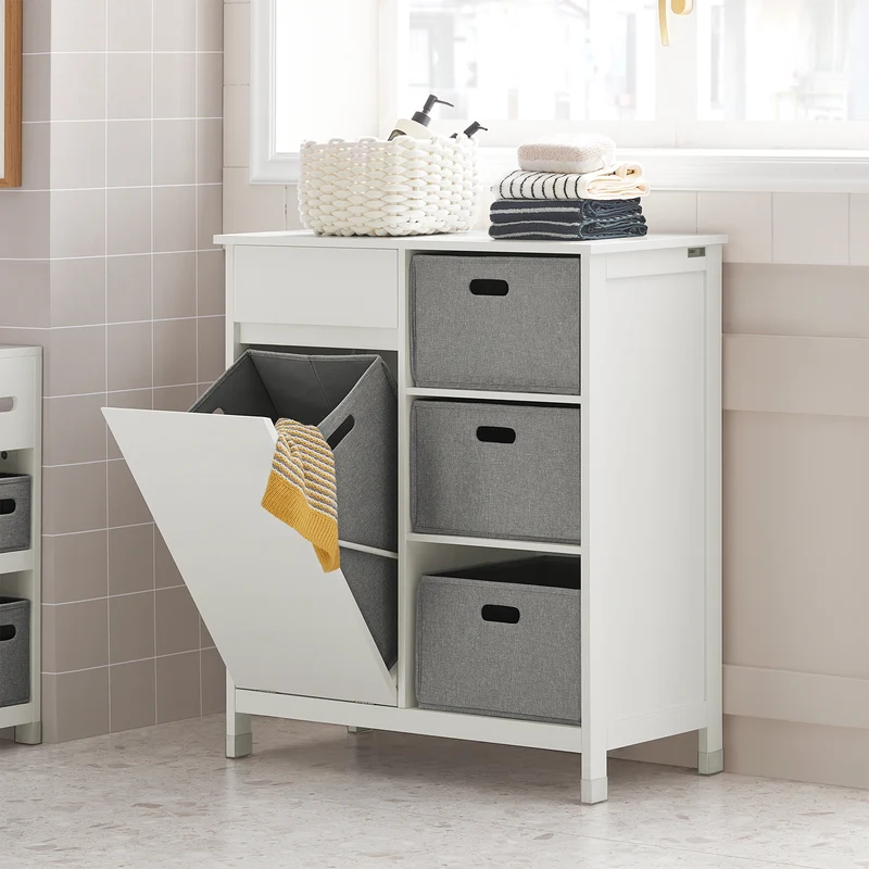 SoBuy BZR77-W Meuble de Salle de Bain avec Paniers à Linge, Armoire à Linge avec 3 Paniers et Tiroir, Armoire de Salle de Bain en Bois, Corbeille à Linge, Blanc, 80x91x38cm