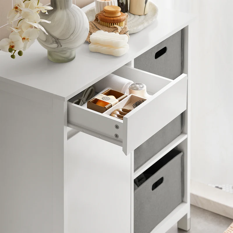 SoBuy BZR77-W Meuble de Salle de Bain avec Paniers à Linge, Armoire à Linge avec 3 Paniers et Tiroir, Armoire de Salle de Bain en Bois, Corbeille à Linge, Blanc, 80x91x38cm