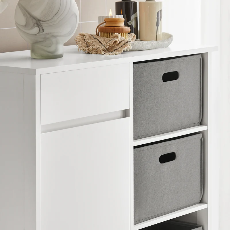 SoBuy BZR77-W Meuble de Salle de Bain avec Paniers à Linge, Armoire à Linge avec 3 Paniers et Tiroir, Armoire de Salle de Bain en Bois, Corbeille à Linge, Blanc, 80x91x38cm