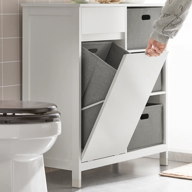 SoBuy BZR77-W Meuble de Salle de Bain avec Paniers à Linge, Armoire à Linge avec 3 Paniers et Tiroir, Armoire de Salle de Bain en Bois, Corbeille à Linge, Blanc, 80x91x38cm