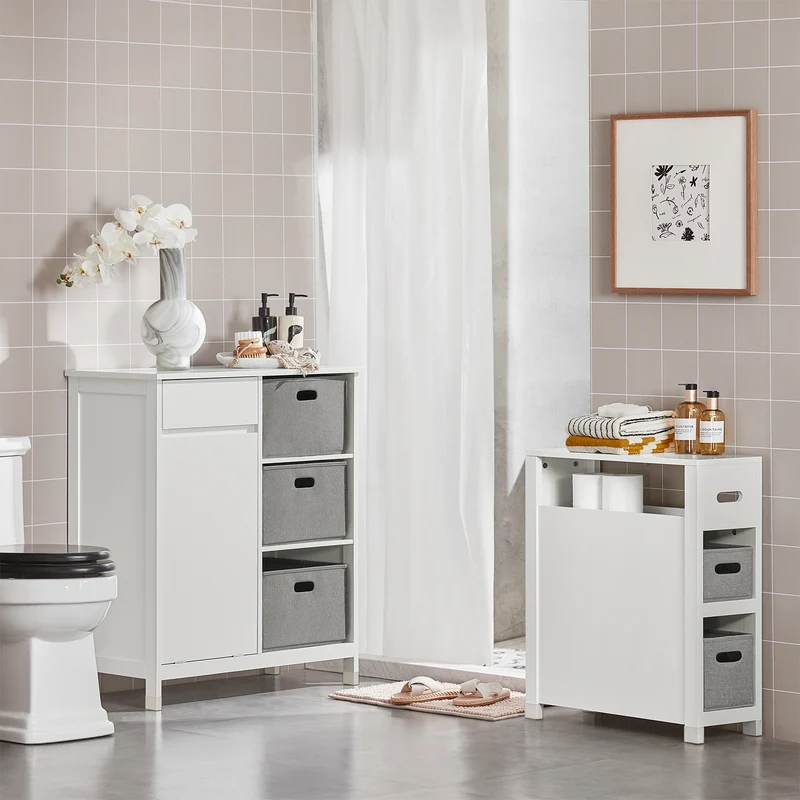 SoBuy BZR77-W Meuble de Salle de Bain avec Paniers à Linge, Armoire à Linge avec 3 Paniers et Tiroir, Armoire de Salle de Bain en Bois, Corbeille à Linge, Blanc, 80x91x38cm