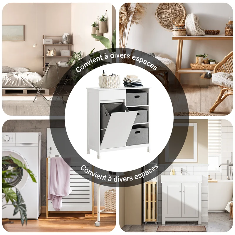 SoBuy BZR77-W Meuble de Salle de Bain avec Paniers à Linge, Armoire à Linge avec 3 Paniers et Tiroir, Armoire de Salle de Bain en Bois, Corbeille à Linge, Blanc, 80x91x38cm