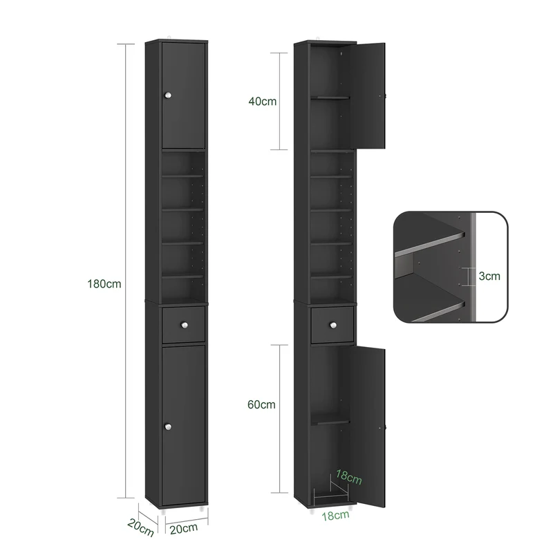 SoBuy BZR34-II-SCH Colonne Salle de Bain Étroite 20 cm – Gain de Place, Noir