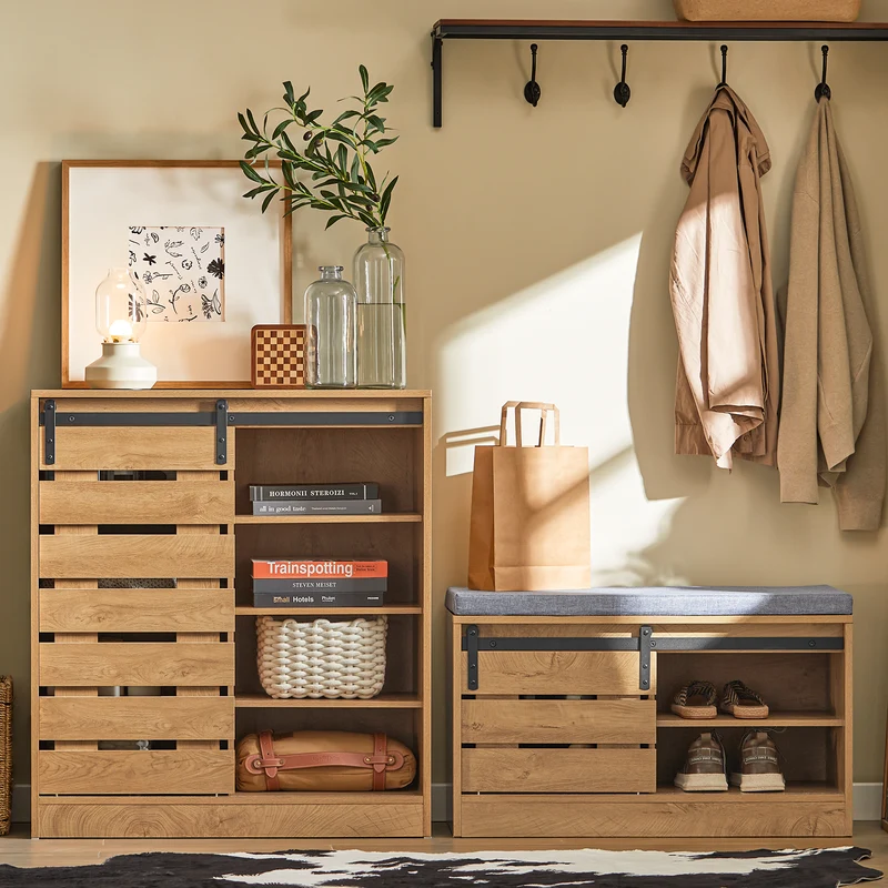 SoBuy FSR120-N Banc à Chaussures avec Porte de Grange Coulissante et Coffre de Rangement pour Entrée – 80x35x48 cm, Naturel