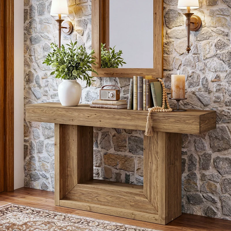 Tribesigns Console étroite en bois massif de 160 cm, Style campagne avec piètement en U et étagère