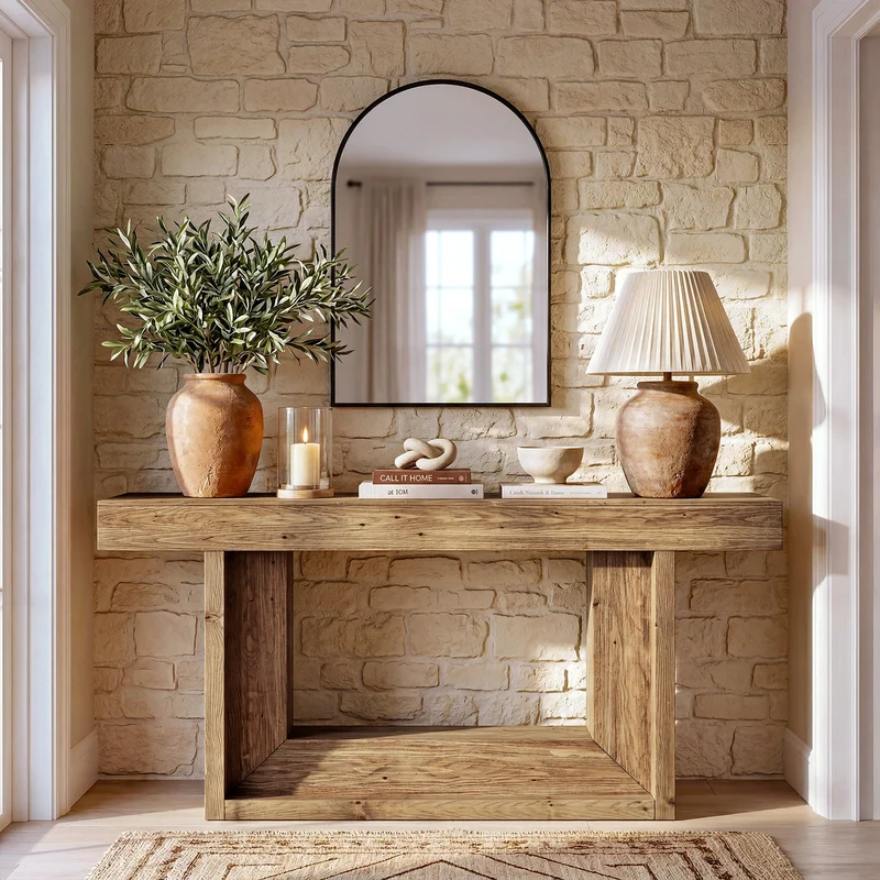 Tribesigns Console étroite en bois massif de 160 cm, Style campagne avec piètement en U et étagère