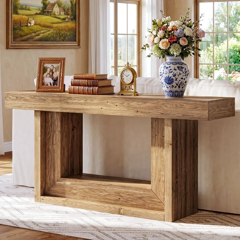 Tribesigns Console étroite en bois massif de 160 cm, Style campagne avec piètement en U et étagère