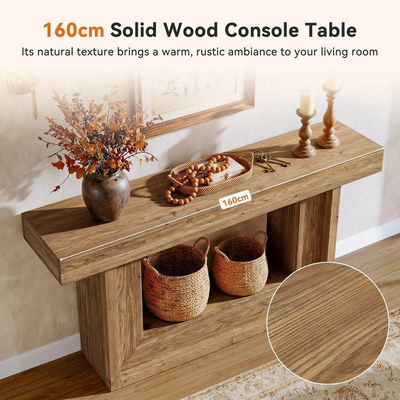 Tribesigns Console étroite en bois massif de 160 cm, Style campagne avec piètement en U et étagère